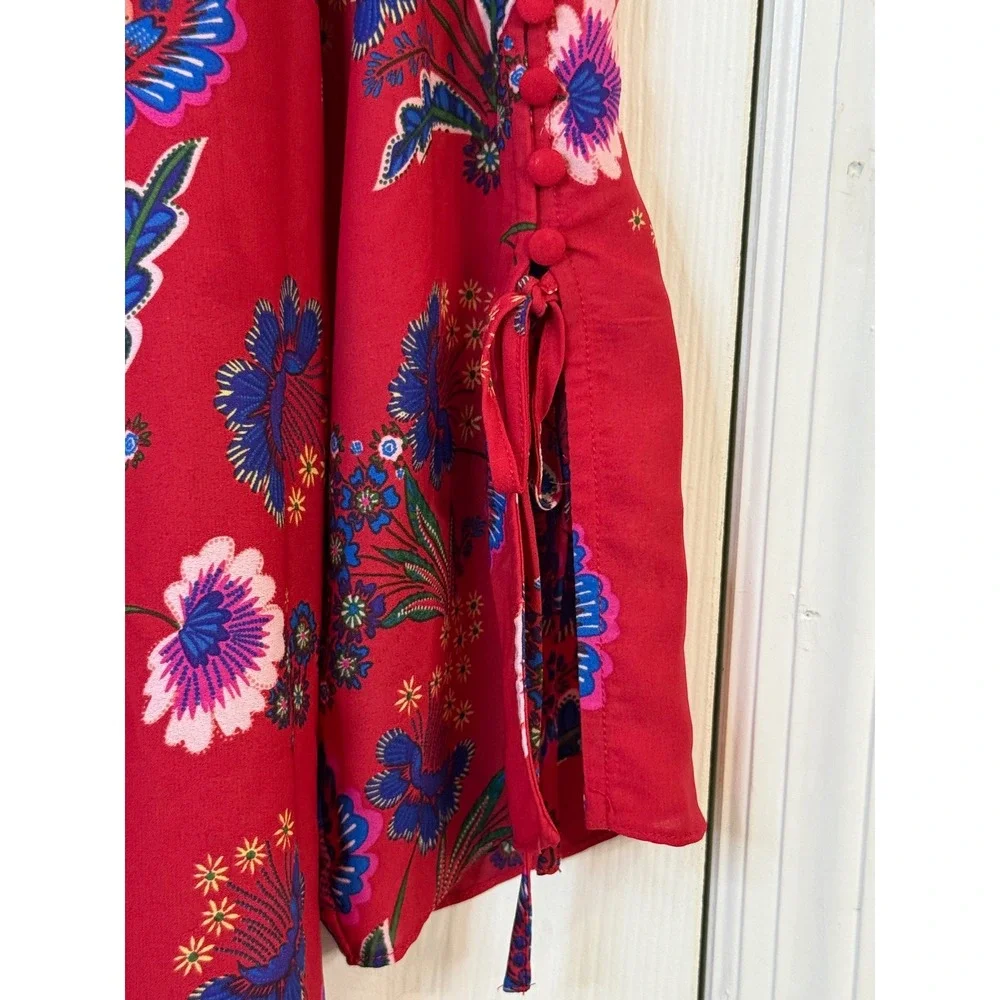 Zac‎ & Rachel Floral Blouse Button Sleeve Tie Detail Red Bohemian 1X - Picture 4 of 7
